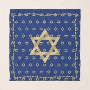 Gold Star of David Chain Trim Navy Blue Head Scarf