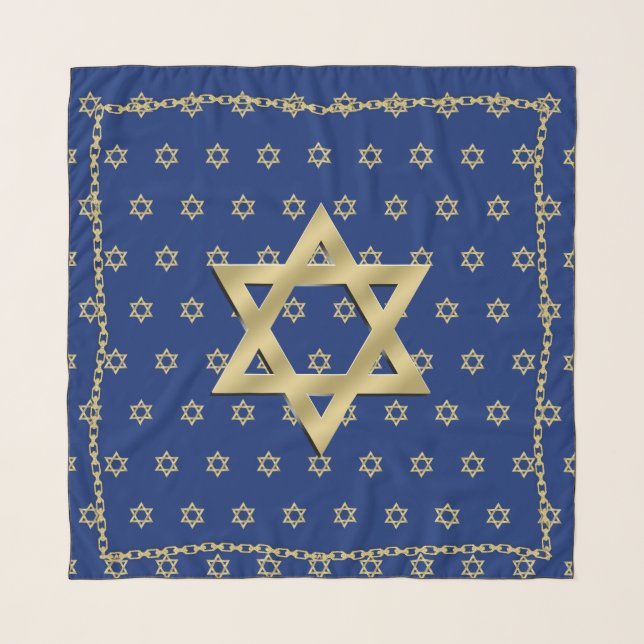 Gold Star of David Chain Trim Navy Blue Head Scarf (Front)