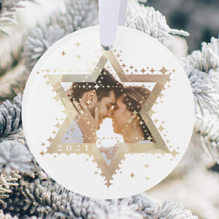 Gold Star Of David Mr & Mrs First Hanukkah Photo Ornament