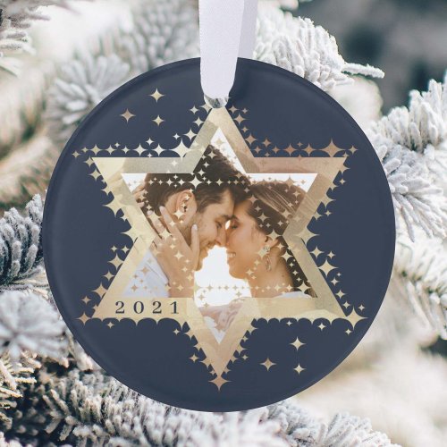 Gold Star of David Mr  Mrs First Hanukkah Photo Ornament