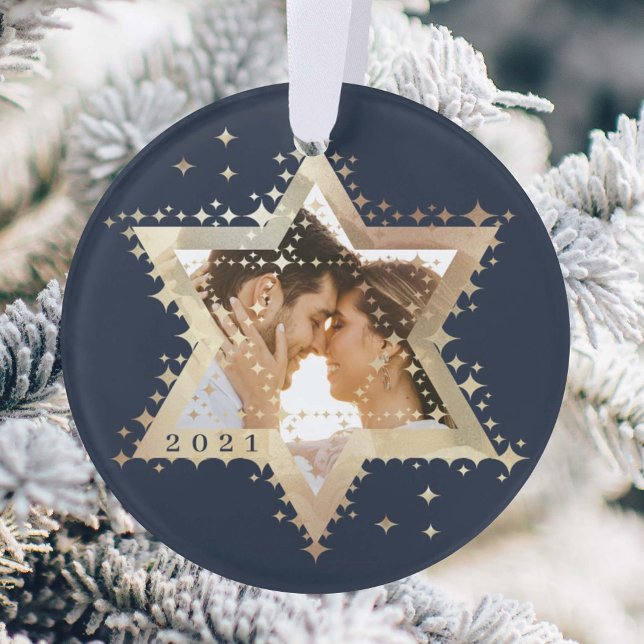 Gold Star of David Mr & Mrs First Hanukkah Photo Ornament (Creator Uploaded)