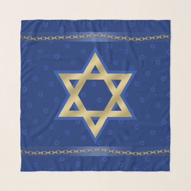 Gold Star of David Navy Blue Chain Trim Head Scarf (Front)