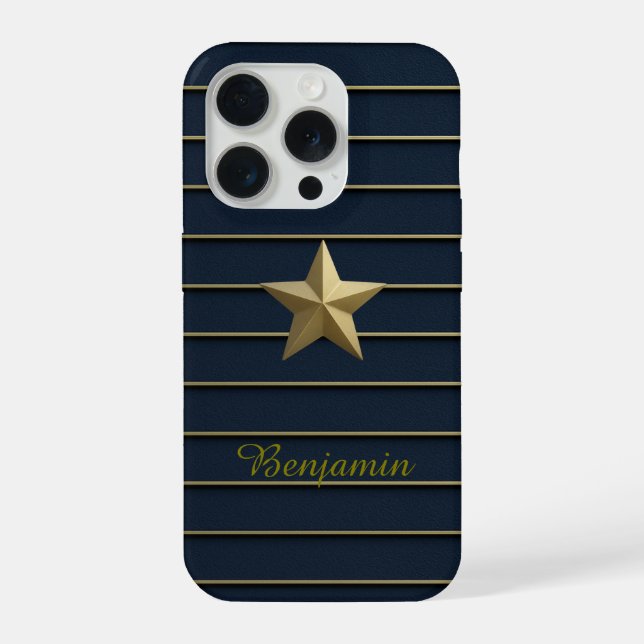 Gold Star on Navy Blue iPhone 15 Pro Cases (Back)