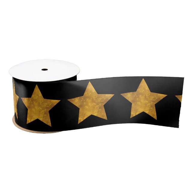 Gold Star Pattern Black Satin Ribbon (Spool)