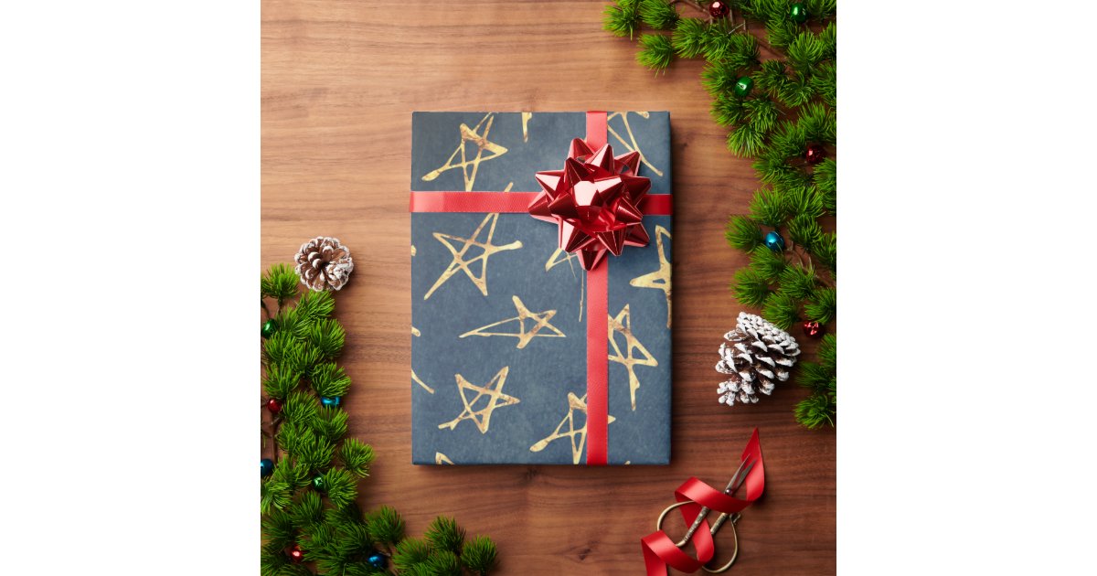 Gold Star Pattern Navy Blue Holiday Wrapping Paper Zazzle