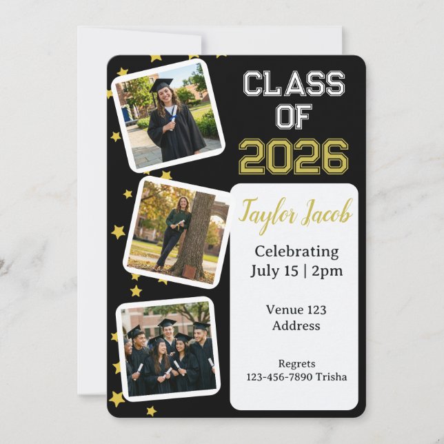 Gold Star Picture Editable Color Graduation Invitation (Front)