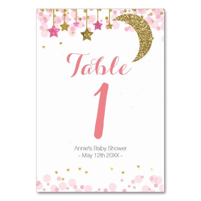 Gold star pink moon Modern Table Number (Front)