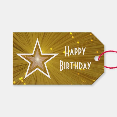 Gold Star print Happy Birthday white text Gift Tags