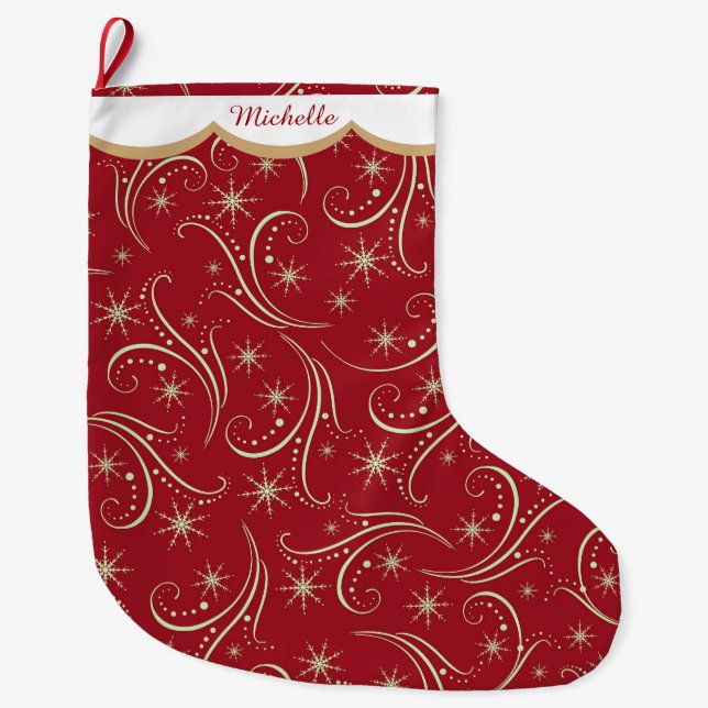 Gold Star Swirl Pattern Personalized Large Christmas Stocking (Front)