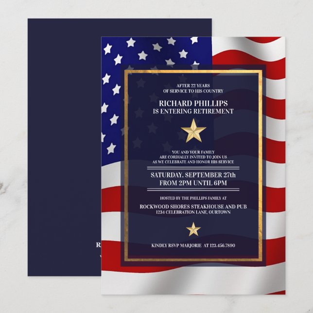 Gold Star US Flag Military Retirement Party Invitation (Front/Back)