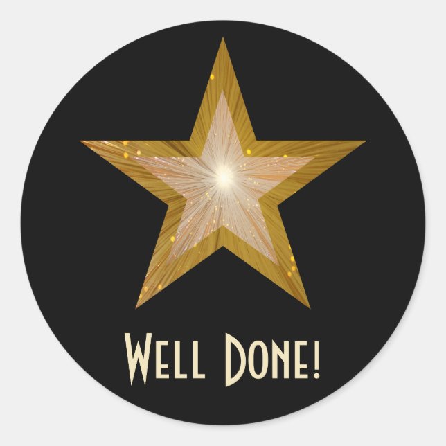 Gold Star 'Well Done!' round sticker black (Front)