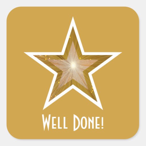 Gold Star 'Well Done!' square sticker yellow | Zazzle