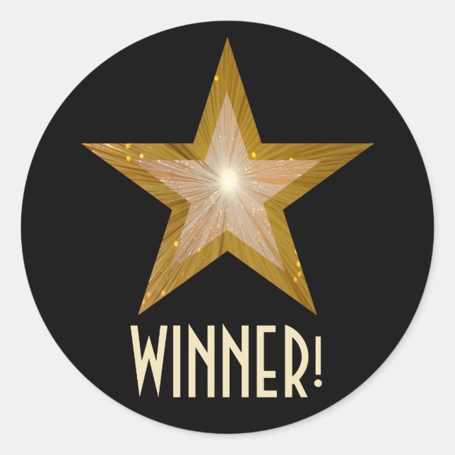Gold Star 'WINNER!' round sticker black (Front)