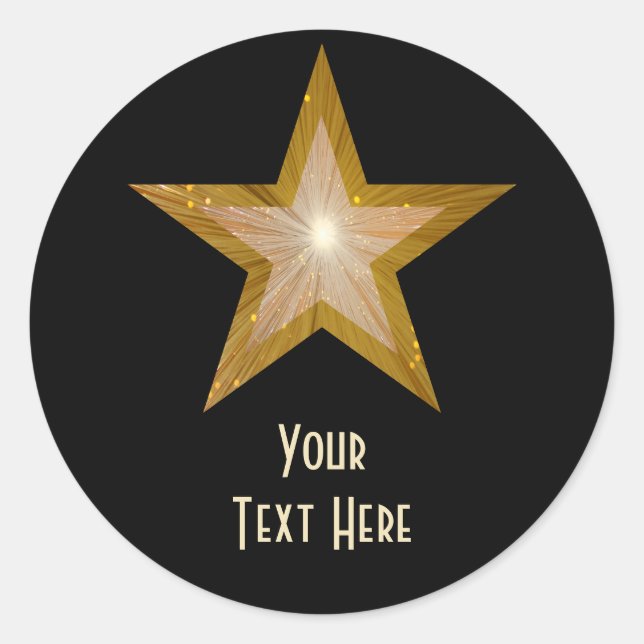 "Gold" Star 'Your Text' round sticker black (Front)