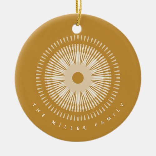 Gold Starburst  Family Name Monogram  Date Round Ceramic Ornament