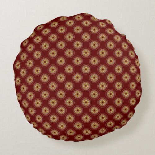 Gold Starburst Medallion Pattern  Burgundy Round Pillow