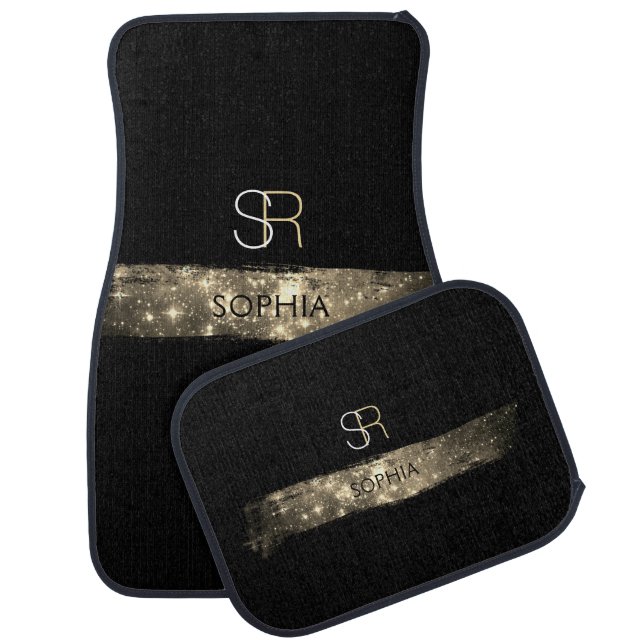 Gold Stardust Brush Stroke, Monogram & Name Car Floor Mat (Set)