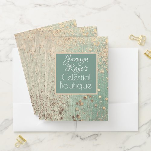 Gold Stardust Glitter Sea Green Personalized Pocket Folder