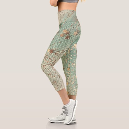 Gold Stardust on Sea Green Burlap Pattern Capri Leggings