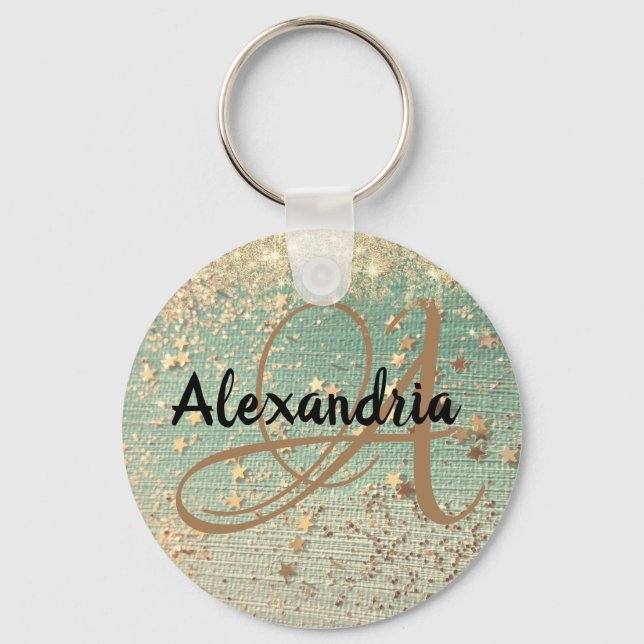 Gold Stardust on Sea Green  Keychain (Front)