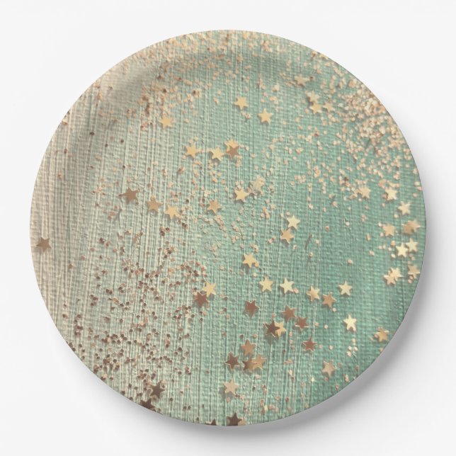 Gold Stardust on Sea Green Paper Plates (Front)