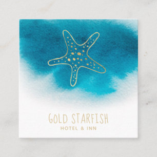 *~* Gold STARFISH Beach Ocean Sea White Teal Blue Square Business Card