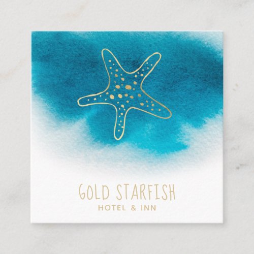  Gold STARFISH Beach Ocean Sea White Teal Blue Square Business Card
