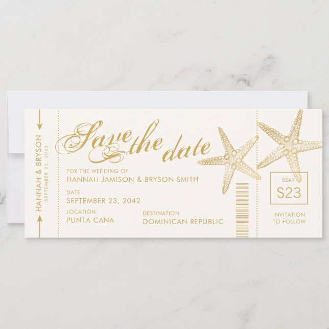 Gold Starfish Boarding Pass Airplane Ticket Save The Date (Front)