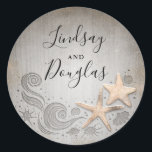 Gold Starfish Nautical Beach Wedding Classic Round Sticker<br><div class="desc">Starfish couple tropical beach wedding stickers</div>