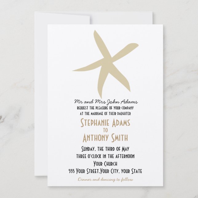 Gold Starfish Nautical Beach Wedding Invitation (Front)