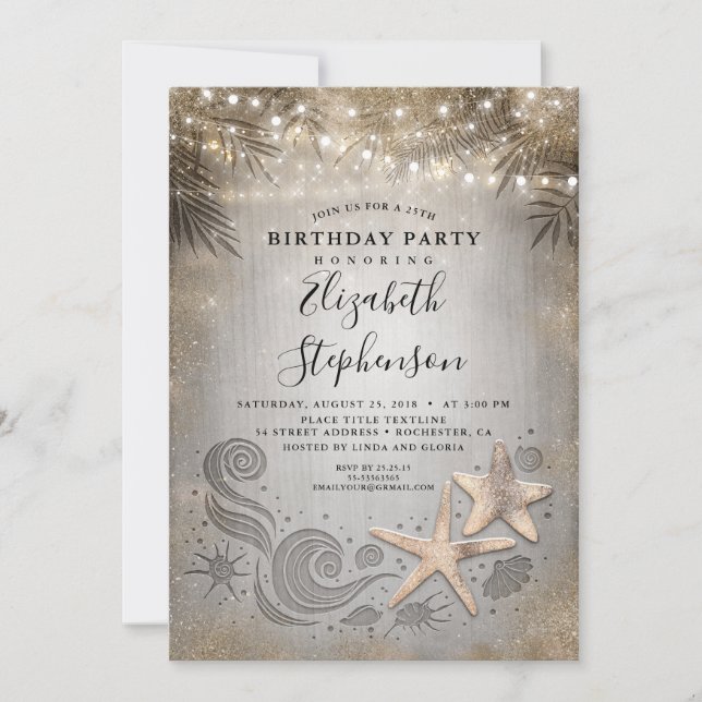 Gold Starfish Tropical Beach Lights Birthday Invitation (Front)