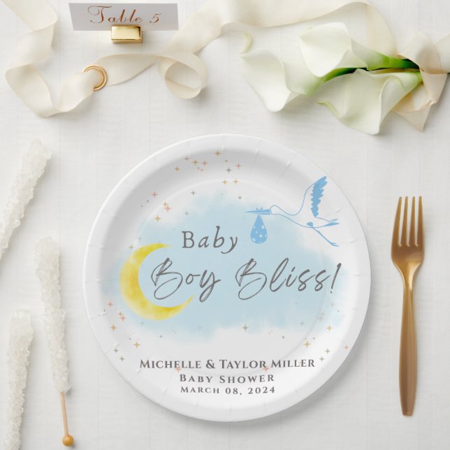 Gold Starlit Baby Boy Bliss Stork Special Delivery Paper Plates (Wedding)
