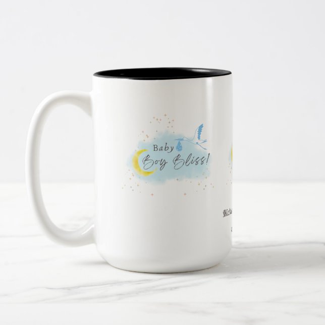 Gold Starlit Baby Boy Bliss Stork Special Delivery Two-Tone Coffee Mug (Left)