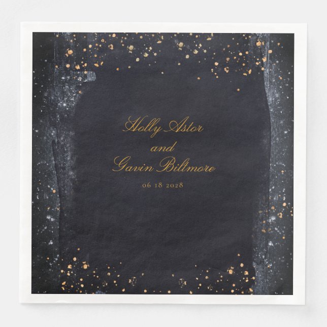 Gold Starry Night Black & Gold Elegant Wedding Paper Dinner Napkins (Front)