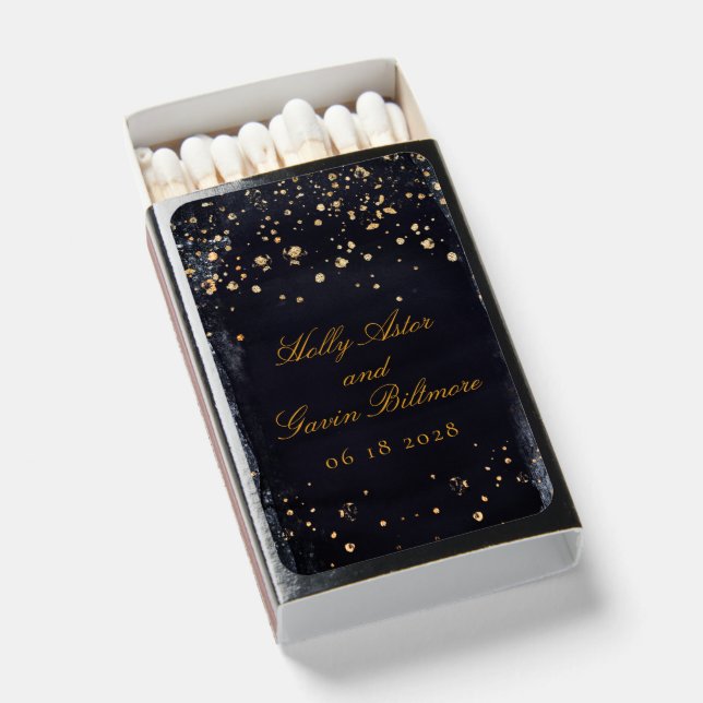Gold Starry Night Sparkling Black & Gold Elegant Matchboxes (Front Open)