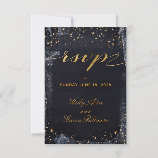 Gold Starry Night Wedding Invite Mail Back RSVP (Front)
