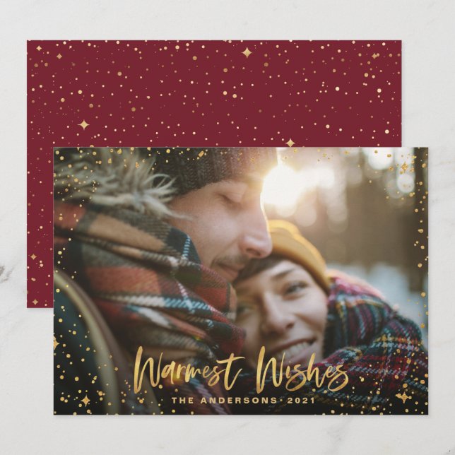 Gold stars 1 photo Burgundy Christmas elegant Holiday Card (Front/Back)