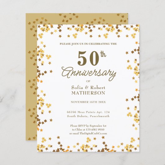 Gold Stars 50th Anniversary Budget Invitation (Front/Back)