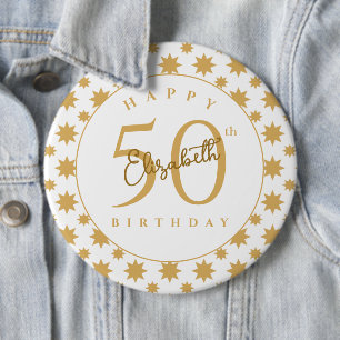 Gold Stars 50th Birthday Custom Name Button