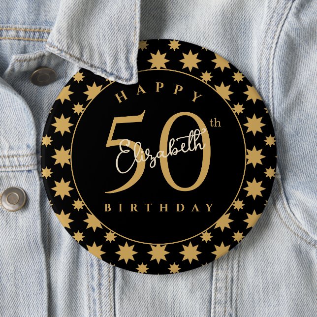 Gold Stars 50th Birthday Custom Name  Button (In Situ)