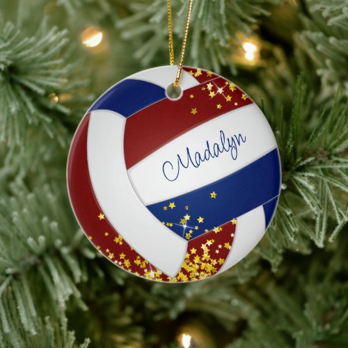 gold stars accent girls maroon blue volleyball ceramic ornament
