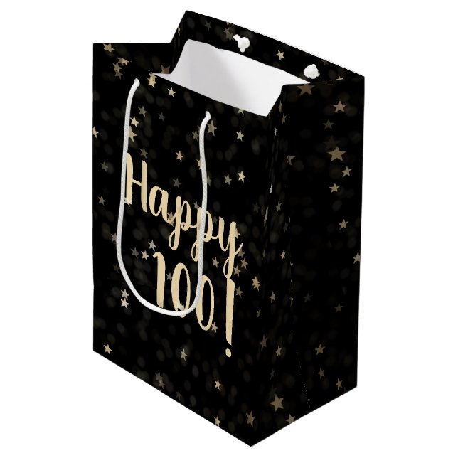 Gold Stars and Dots 100th Birthday Medium Gift Bag (Front Angled)