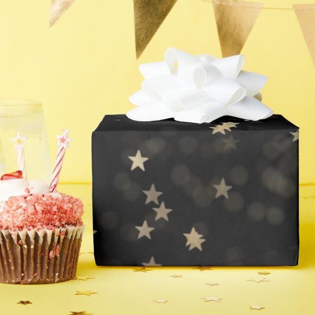 Gold Stars and Dots on Black  Wrapping Paper (Birthday Party)