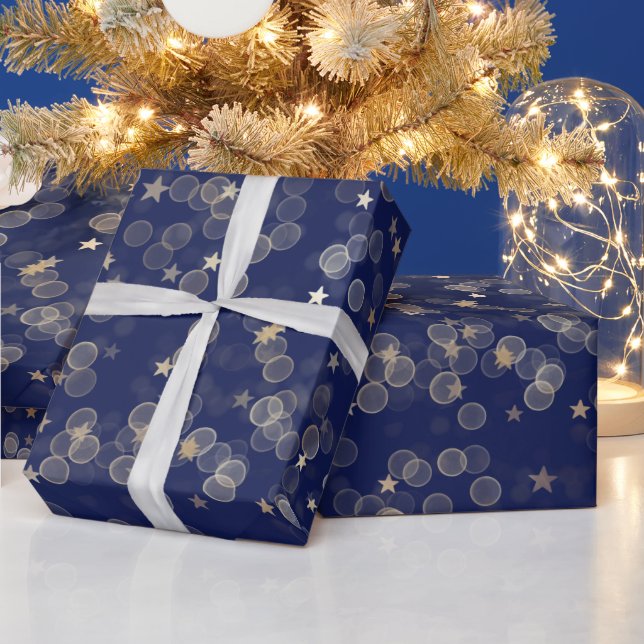 Gold Stars and Dots on Blue  Wrapping Paper (Holidays)