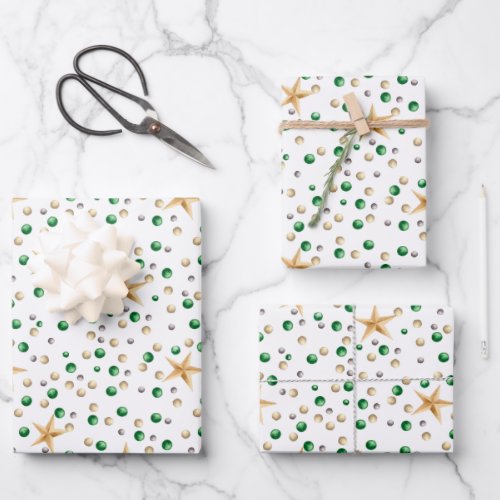 Gold Stars and Gold and Green Balls Christmas Wrapping Paper Sheets