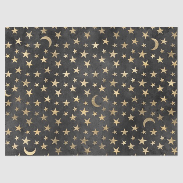 Gold Stars and Moons on Black Decoupage Tissue Paper (Front)