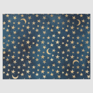 Gold Stars and Moons on Blue Decoupage Tissue Paper