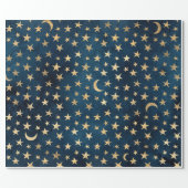 Gold Stars and Moons on Blue Wrapping Paper (Flat)