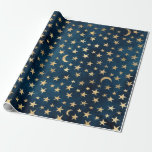 Gold Stars and Moons on Blue Wrapping Paper