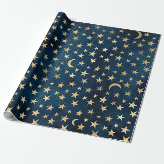 Gold Stars and Moons on Blue Wrapping Paper
